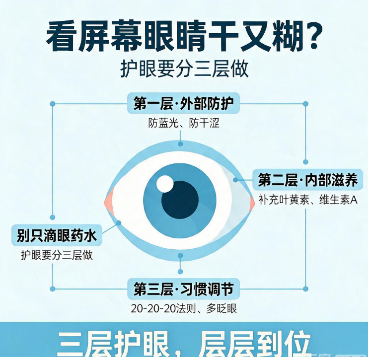 看屏幕眼睛干又糊？别只滴眼药水，护眼要分三层做