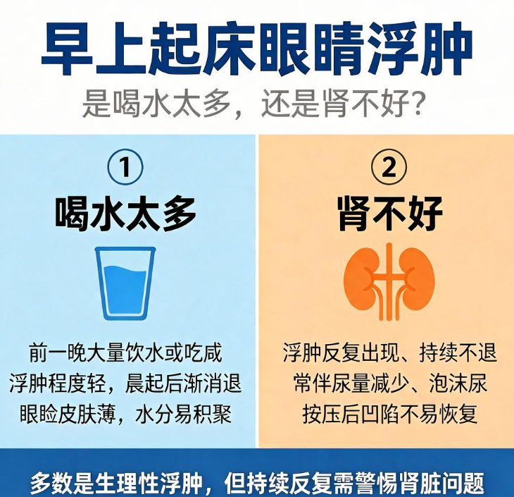 早上起床眼睛浮肿是喝水太多还是肾不好