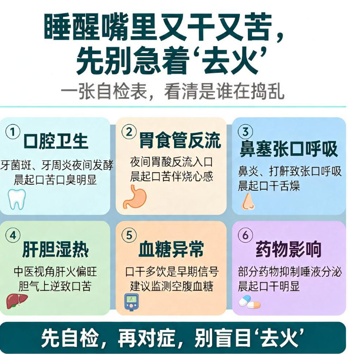 睡醒嘴里又干又苦，先别急着“去火”：一张自检表看清是谁在捣乱