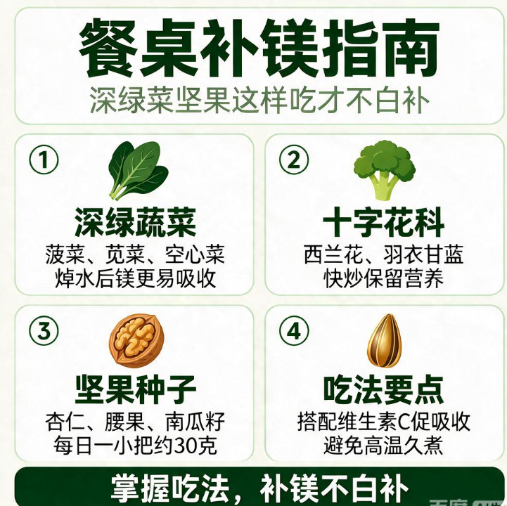 餐桌补镁指南：深绿菜坚果这样吃才不白补