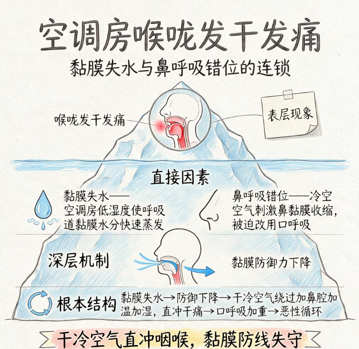 空调房喉咙发干发痛：黏膜失水与鼻呼吸错位的连锁